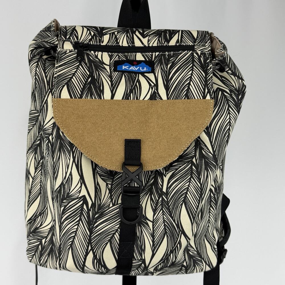 KAVU Feather Print Drawstring Backpack Cream Black Canvas Rucksack Daypack
